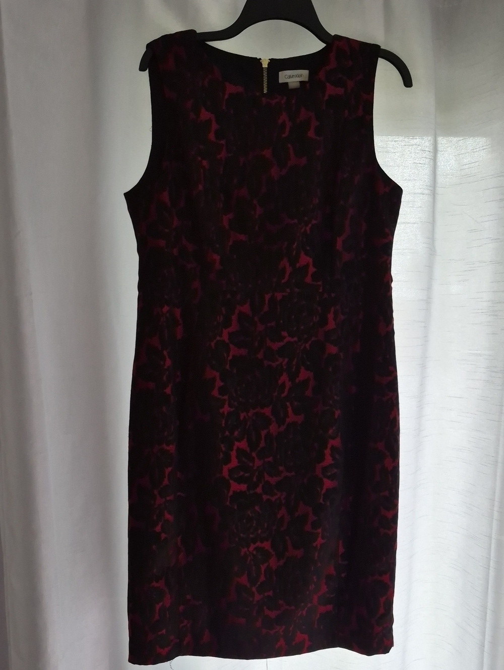 Calvin Klein Black Sheath Dress with Burgundy Floral Pattern